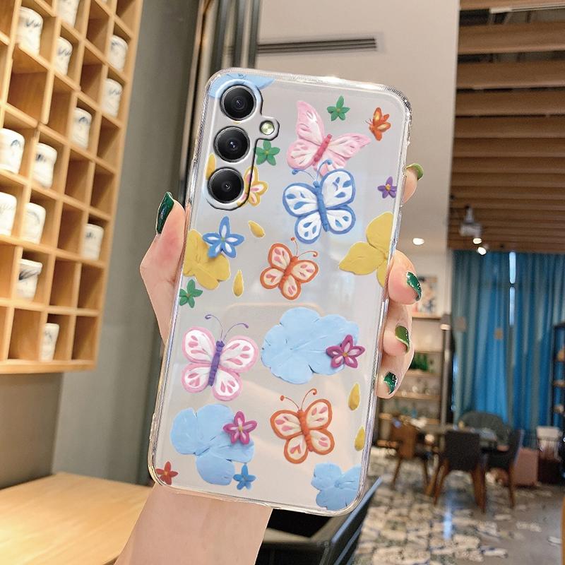 Мягкий прозрачный силиконовый чехол с изображением цветка бабочки для Samsung A55 A35 M35 M34 S24 Xiaomi Redmi Note 13 Pro 13C Poco M6 Camera Противоударный защитный чехол