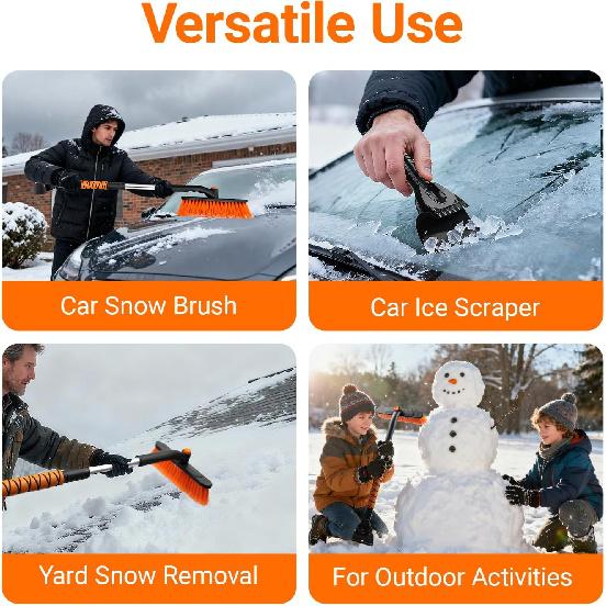 33" Extendable Snow Brush And Ice Scraper For Car Windshield, 2-In-1 Car Snow Brush & Ice Scraper With 360° Pivoting Brush Head And Comfortable Foam