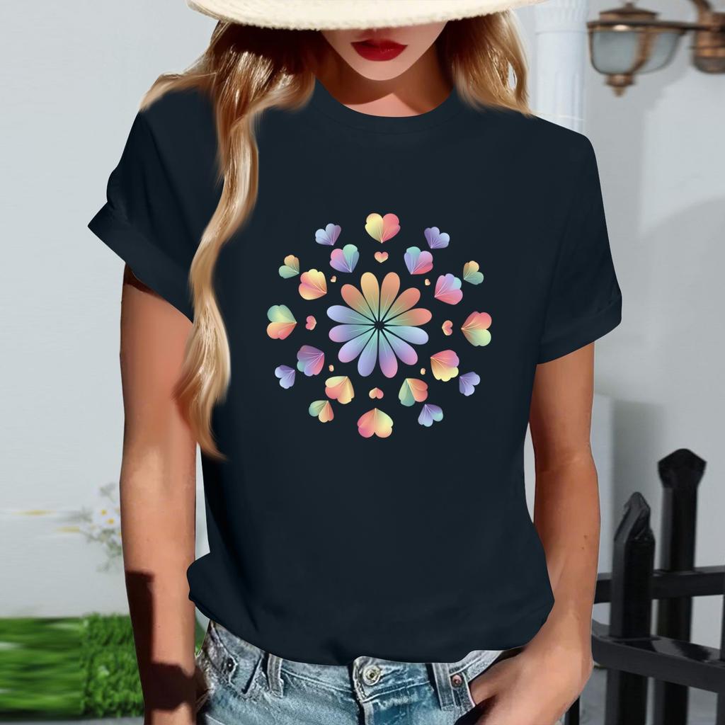 Women's Fashionable Round Neck Casual Retro Print Short Sleeved T-shirt Top