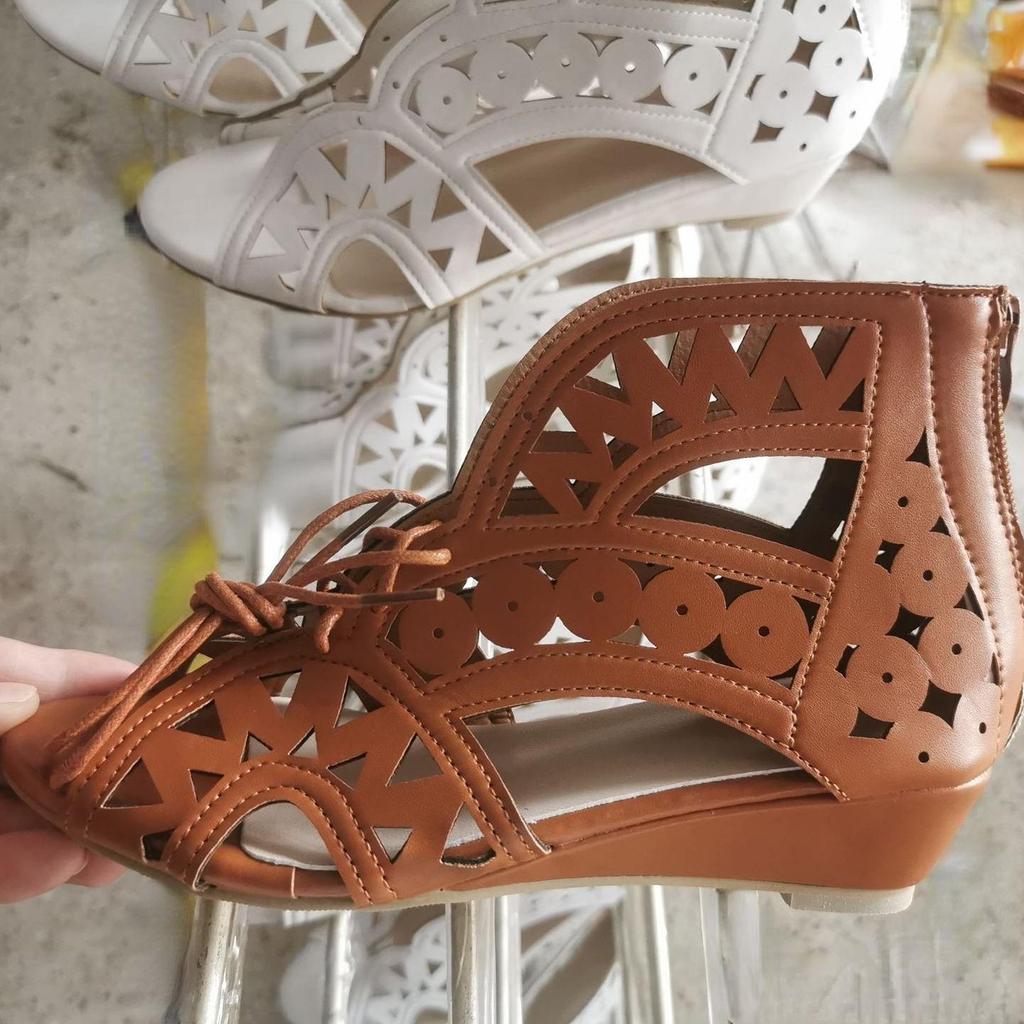 New Women's Peep Toe Sandals Summer Fashion Wedge Lace-up Hollow Roman Sandals Beach Shoes