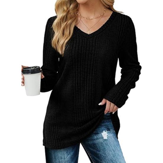 Женская туника-свитер с V-образным вырезом и длинным рукавом, однотонная, ребристая, повседневная, облегающая, трикотажная