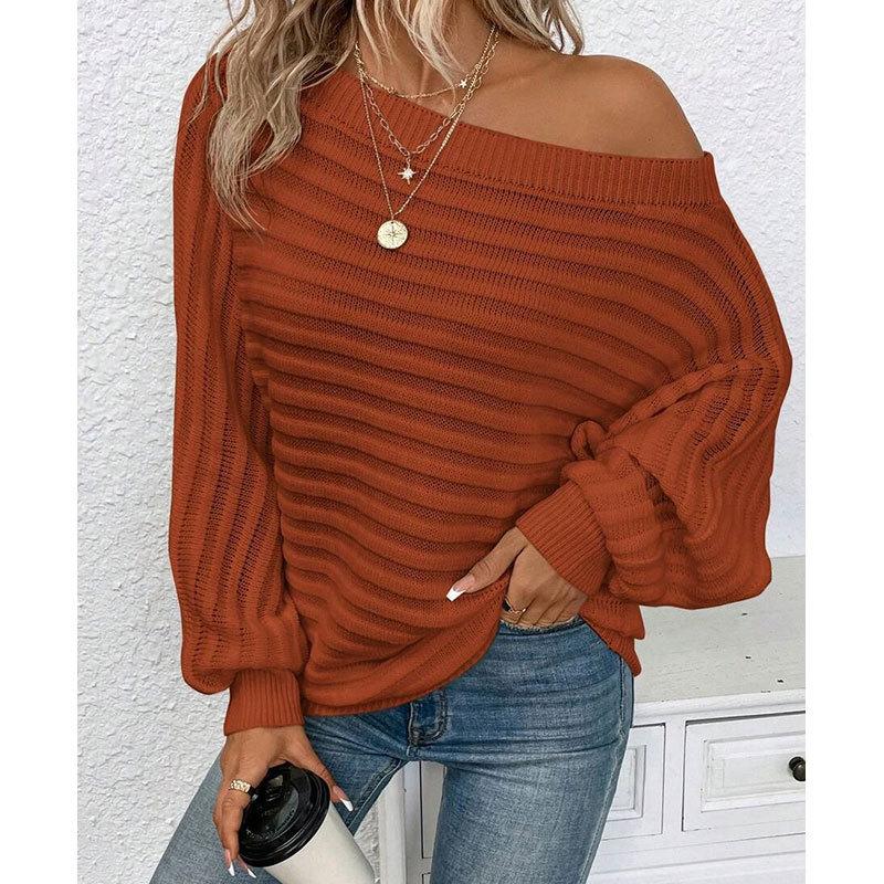 Women S Autumn Winter Solid Color Off Shoulder Batwing Sleeve Loose Knit Sweater