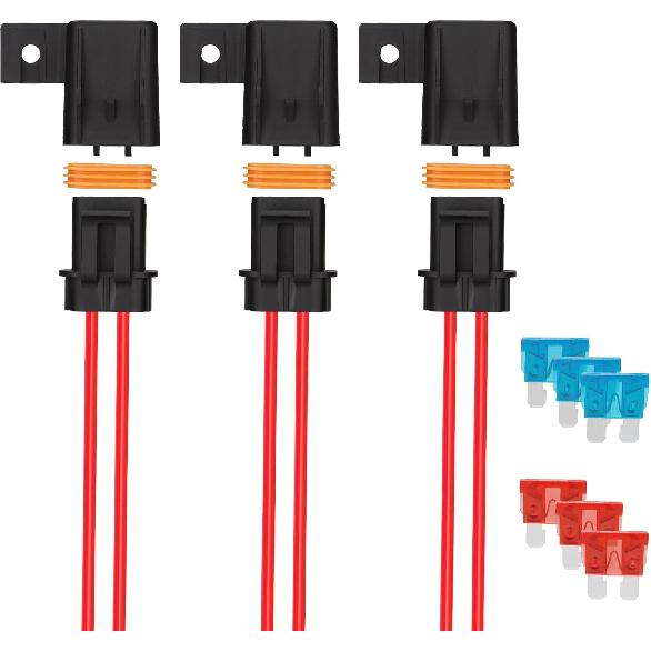 3 Pack Inline Waterproof Fuse Holder, with 10 Amp 15 Amp ATC/ATO Blade Fuses, 16 AWG Pre-Wired Kit Heavy Duty Inline Fuse Holder for Marine