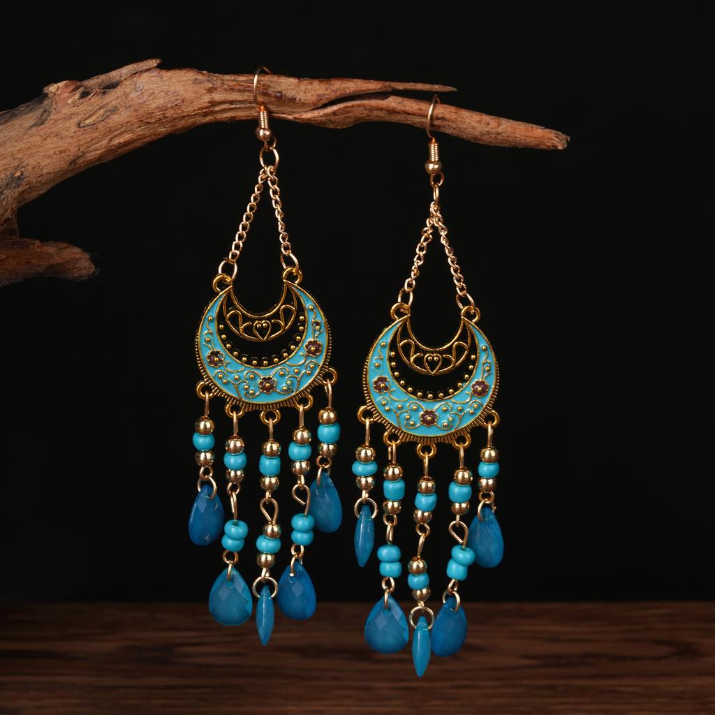 Bohemian Water Drop Bead Fringed Earrings, Premium Long Crystal Earrings, Ethnic Style Retro Personality Versatile Ear Hooks