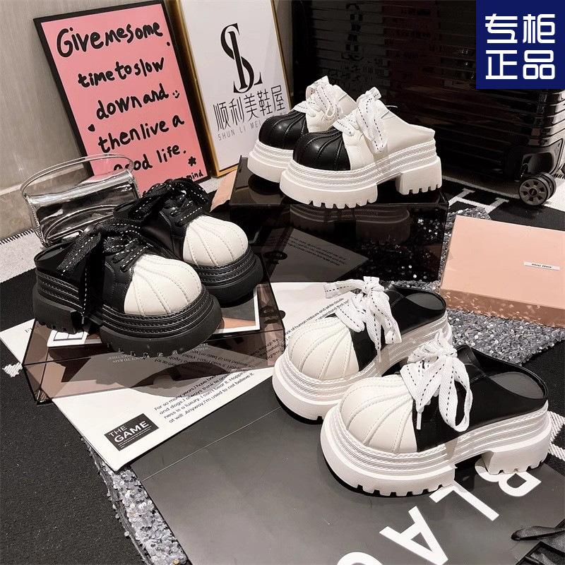 2025 весна новая сумка голова ракушка голова толстая подошва кекс большой голова шнуровка JK мокасины полутапочки верхняя женская обувь