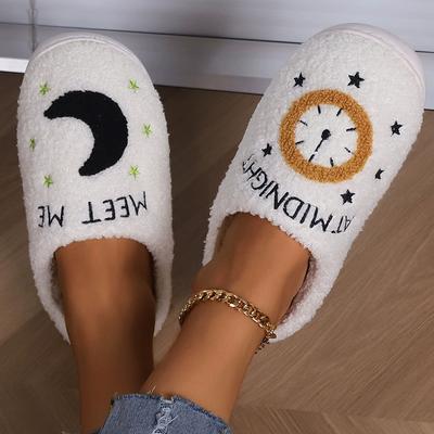 Модные домашние тапочки с рисунком лунных часов из искусственной овечьей шерсти для женщин, зимние теплые плюшевые шлепанцы с нескользящей подошвой