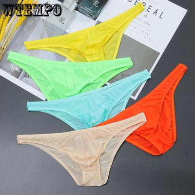 Прозрачные мужские треугольные брюки, сексуальные треугольные брюки с низкой талией, ультратонкие стринги Ice Silk