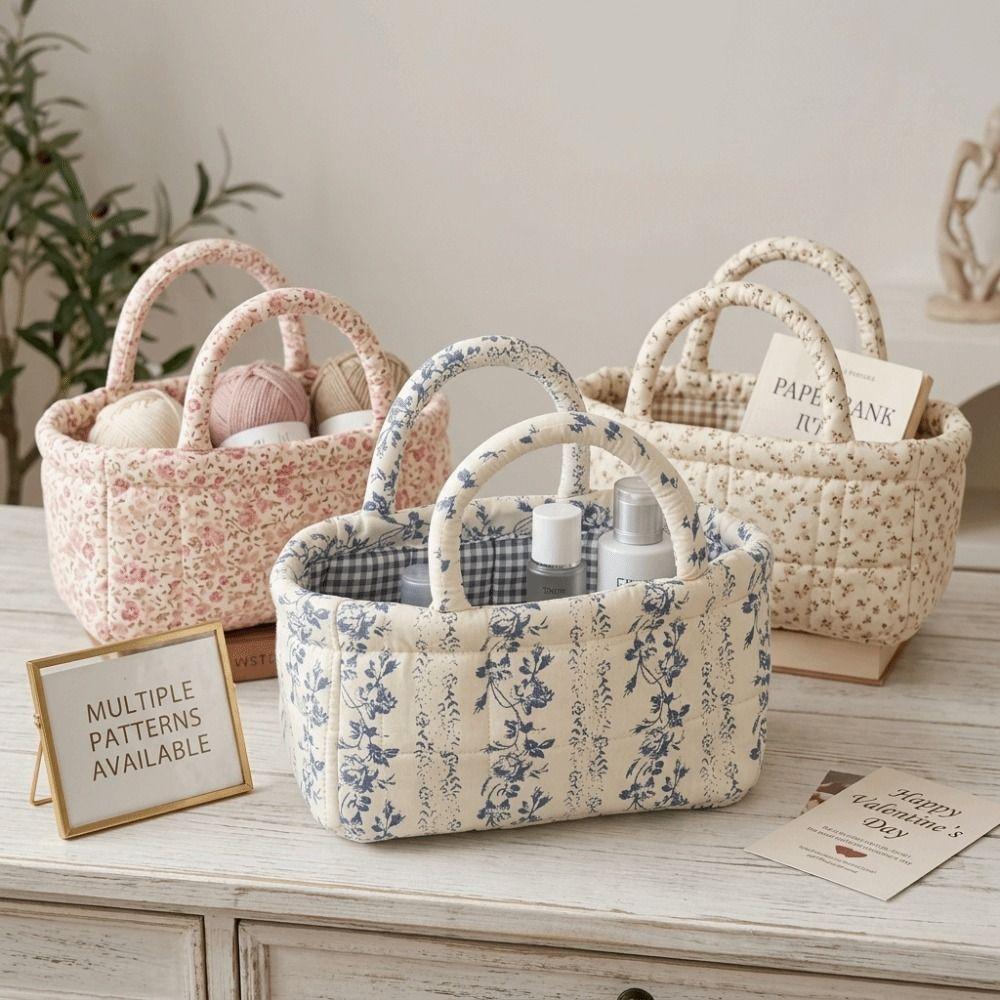 Open Top Quilted Storage Basket Dual Handles Laundry Basket With Handles Desktop Organization