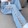 Spring and Summer Women Casual Mom Jeans Hollow Out High Waist Trousers Button Zipper Wide Leg Pant Office Lady Loose Streetwear