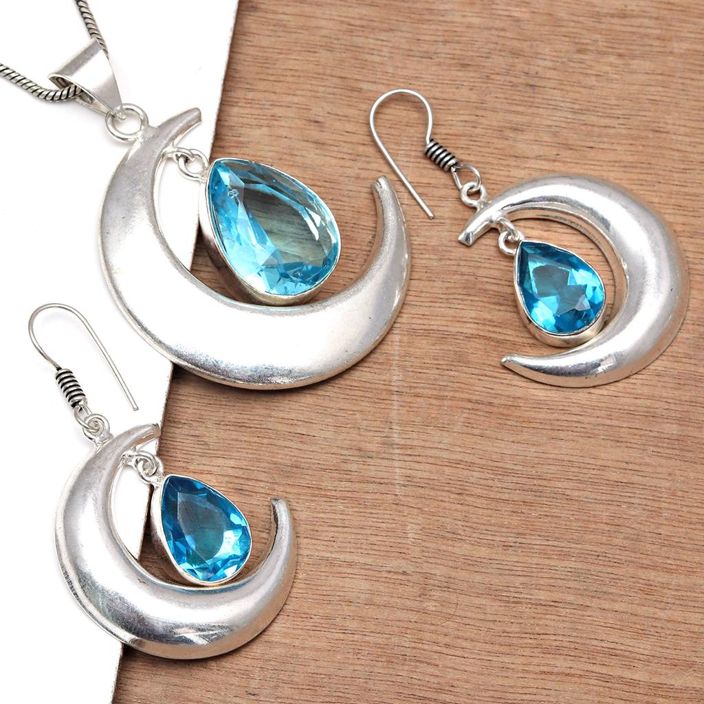 Комплект из серег и подвески ко Дню матери с драгоценным камнем London Blue Topaz