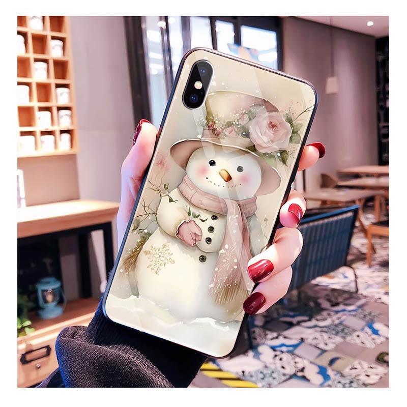 Glass phone case For iPhone 17 Pro Max Air 17 16 15 14 13 Pro Max 15 16 Pro 15Plus Snowman Christmas