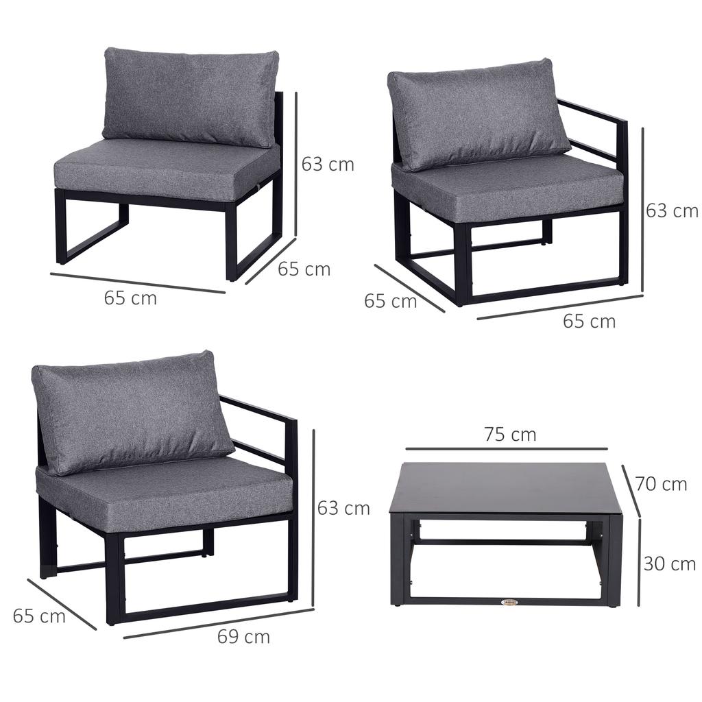 6-Piece Garden Furniture Set, Garden Set, Garden Sofa Set, Seating Group, Garden Furniture Aluminum + Polyester + Tempered Glass Grey, 4 x Armchair