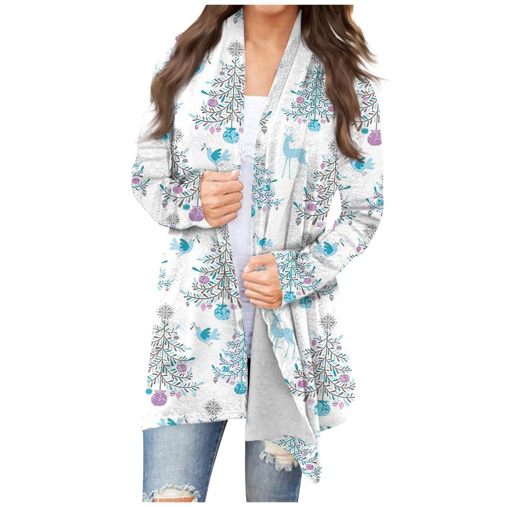 Women's Fashion Casual Christmas Print Medium Length Cardigan Jacket Coat