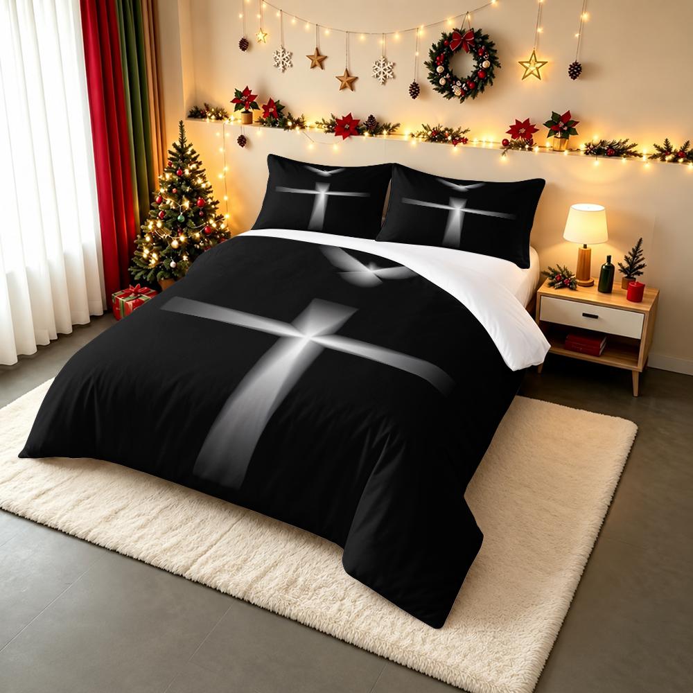 Minimalist White Glowing Cross Bedding set (1 duvet cover, 2 pillowcases, duvet not included), Black and White Faith Art Print
