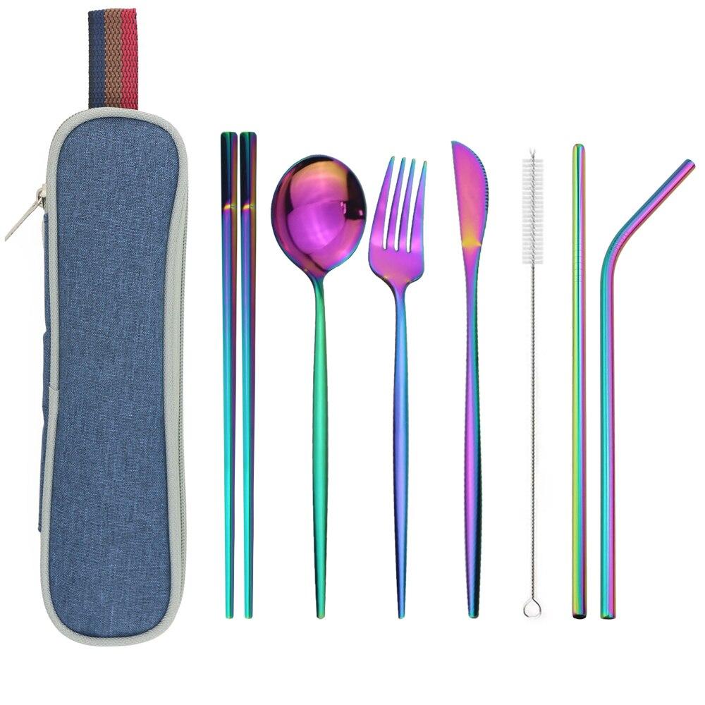 Серебряный набор столовой посуды, дорожный набор столовых приборов, многоразовое серебро, соломенные ложки, вилки, палочки для еды, кухонные аксессуары с сумкой