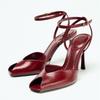 Fashion Red Pointed Toe Soft Leather High Heel Sandals Women Sexy Open Toe Ankle Buckle Thin Heel Dress Shoe Elegant Wedding Bridal Shoe