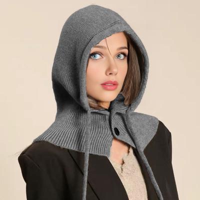 Yousheng Вязаная шапка Однотонная Застежка на пуговицы Шарф с капюшоном на кулиске Женская Зимняя Теплая Ветрозащитная Эластичная Термошапка