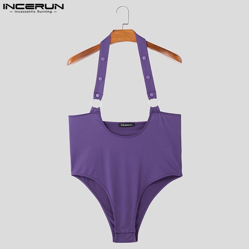 INCERUN Men Deep U Neck Halter Strap Sleeveless Bodysuits Fitted Briefs Jumpsuits Homewear