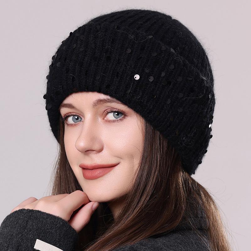 Вязаная шапка из кроличьего меха с пайетками, зимняя теплая шерстяная шапка, модная женская шапка-пуловер для защиты ушей