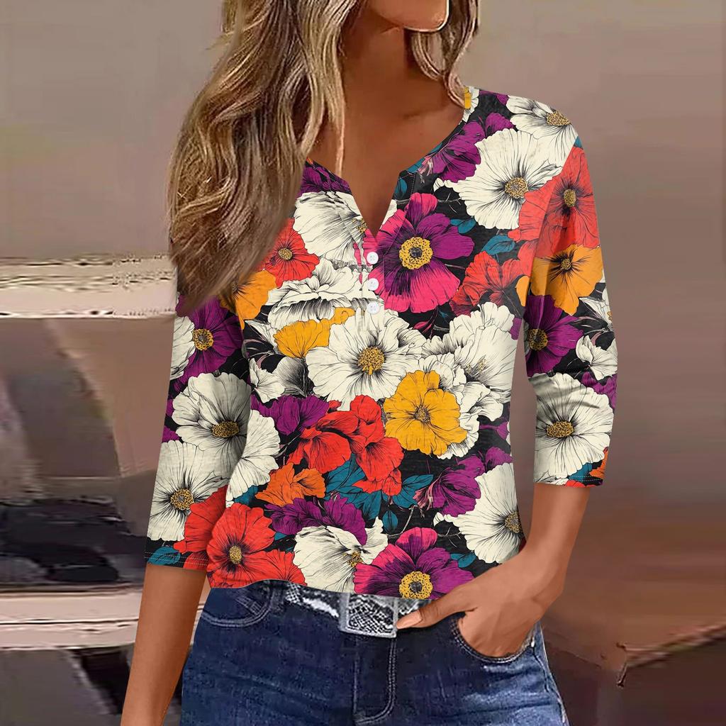 Женский свободный повседневный топ с цветочным принтом и V-образным вырезом с рукавами семь четвертей Топ с V-образным вырезом и рукавами семь четвертей