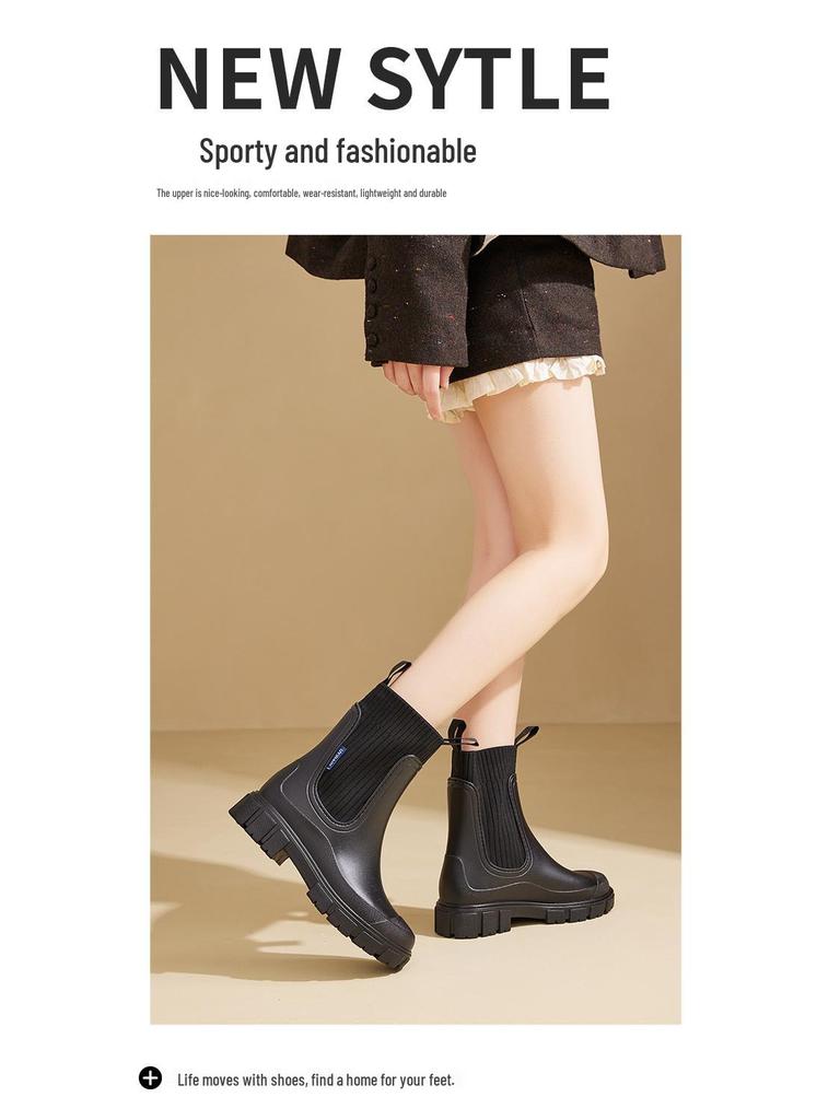 Women's Elastic Mid-Calf Waterproof Fashion Rain Boots - Wear-Resistant, Non-Slip, Height-Increasing, Solid Color.