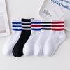 Kids' White & Black Mid-Calf Cotton Socks - Thick Striped Sports Socks for Boys & Girls, Spring & Autumn.