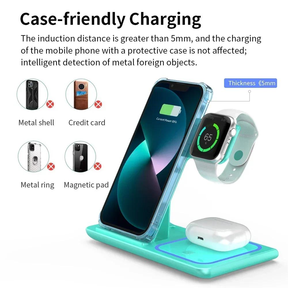 3 в 1 беспроводная зарядная подставка со светодиодной подсветкой для iPhone 16 15 14 iWatch 8 7 6 SE AirPods 2/3 Pro быстрая зарядная станция док-станция
