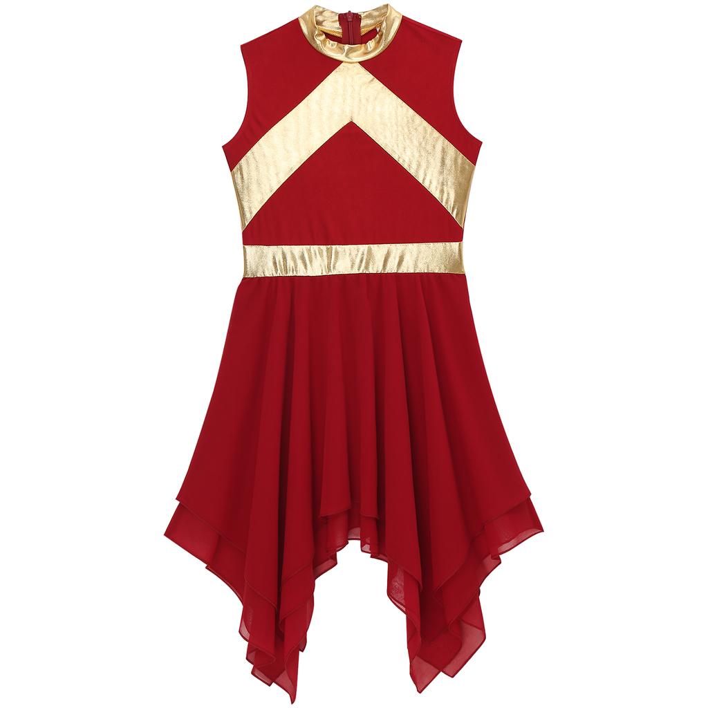 Детское платье для хвалы, металлический контрастный цвет, пэчворк, без рукавов, асимметричный подол, литургический костюм