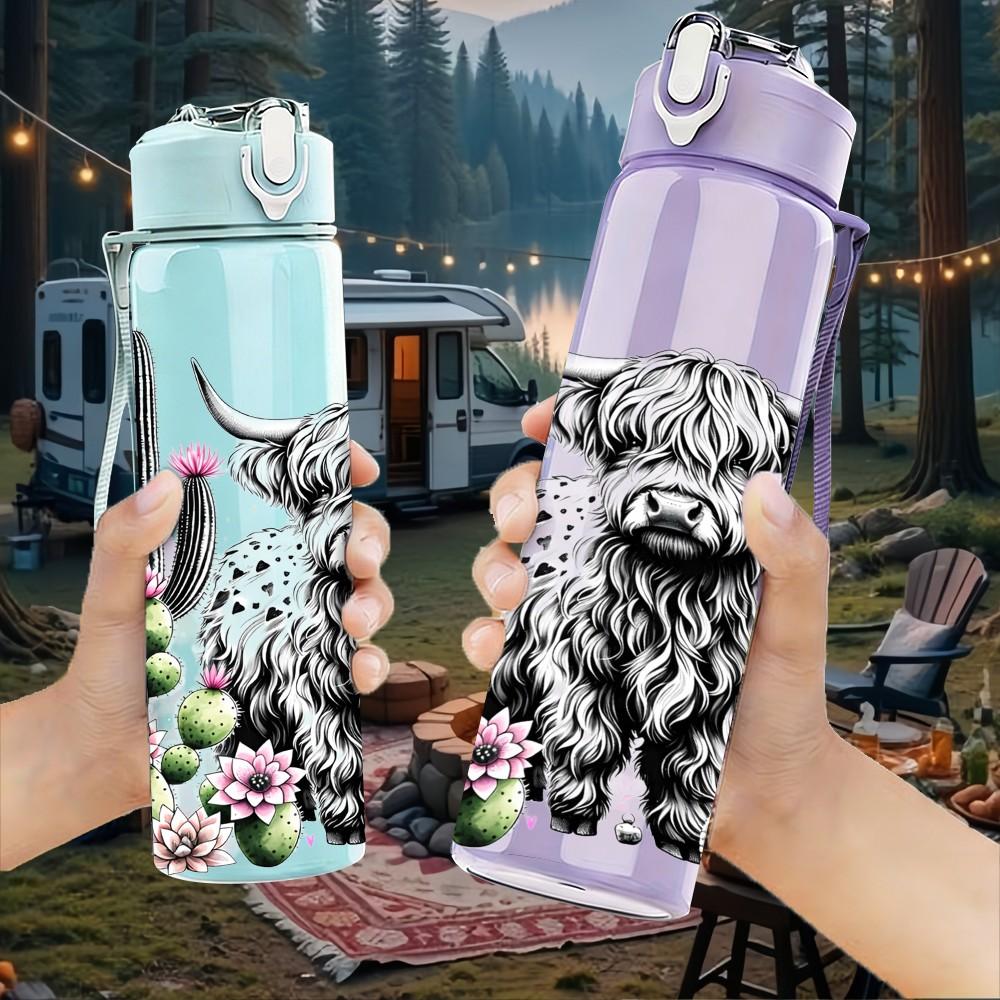 1PC Yak Cow Cactus Desert Animal Art 750ml Color Plastic Sports Water Bottle Leakproof Flip Straw Lid Suitable for Sports Office Home Use