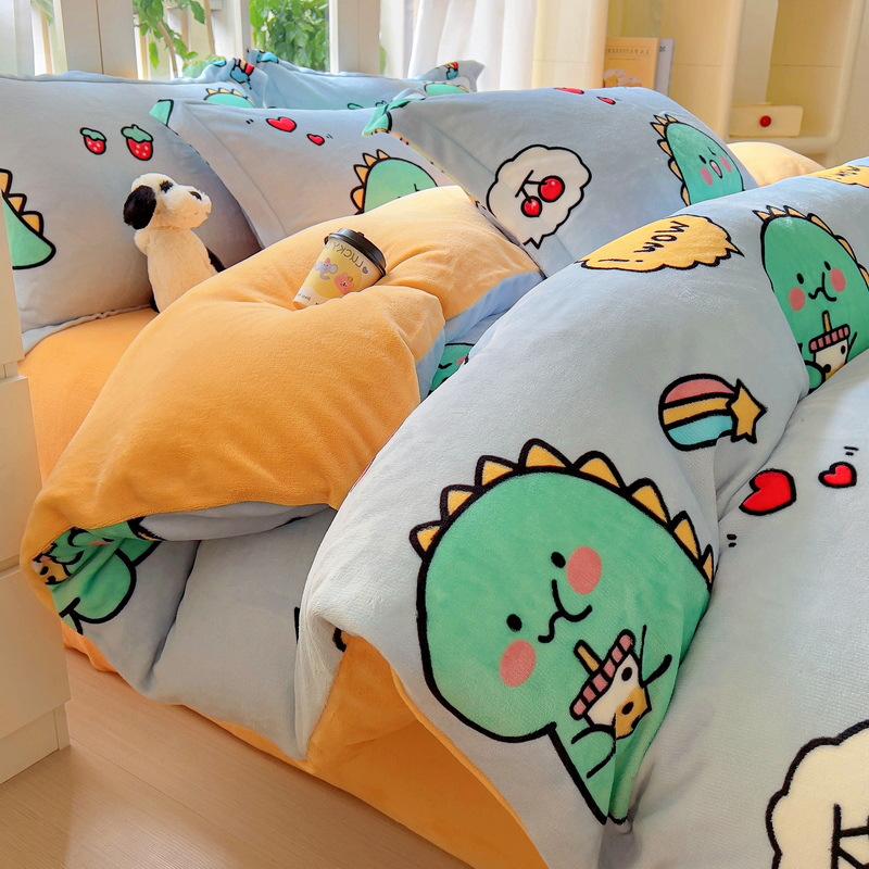 Комплект из четырех предметов из утолщенного молочного флиса, зимний теплый двухсторонний флисовый пододеяльник, флисовая простыня из трех предметов
