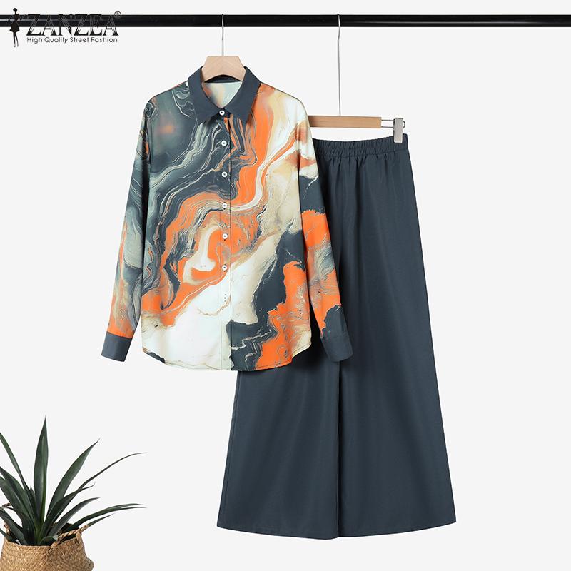 ZANZEA Женские рубашки с принтом и брюки, повседневные комплекты из двух частей