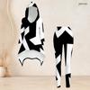 Women Plus Size Black White Geometric Printed Hooded Long Sleeve High Low Top Fitted Pants Two Piece Set