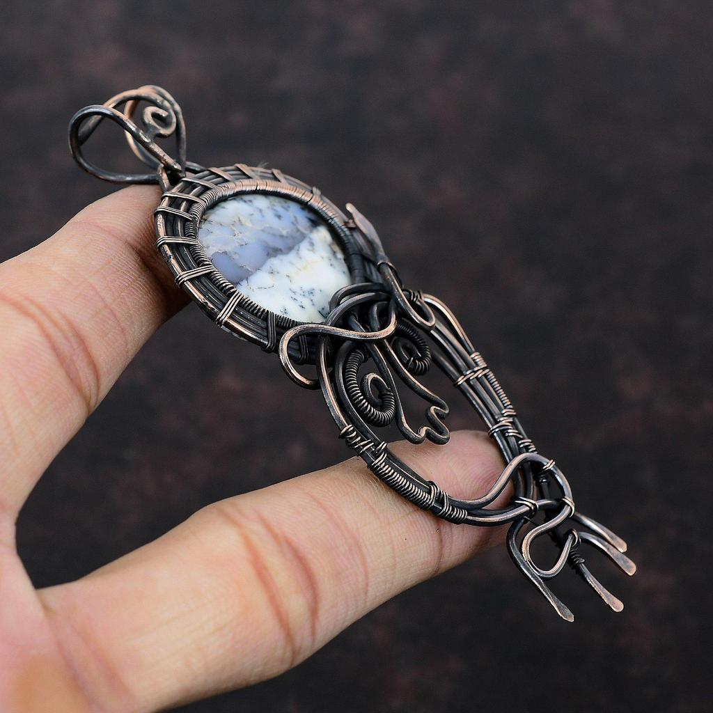 Подвеска из опала дендрита, подвеска из медной проволоки, изящная подвеска из драгоценного камня, ювелирное изделие из медной проволоки, подарок для него, подвеска ручной работы, дизайнерская подвеска