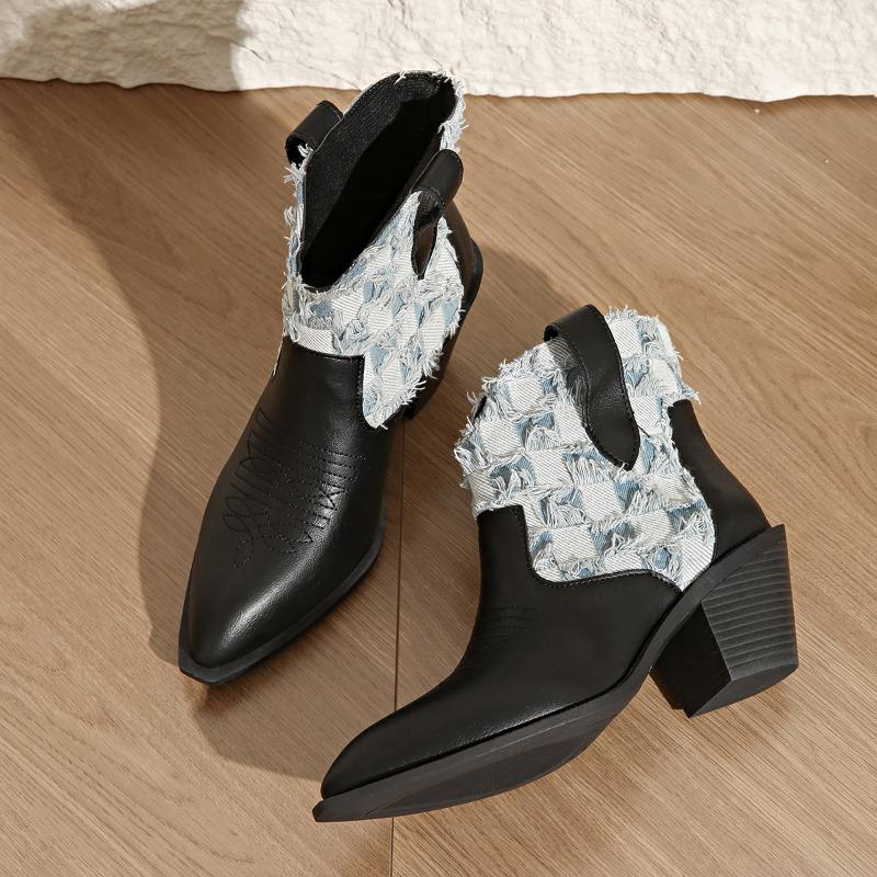 Осенние новые массивные одинарные ботинки женские модные заостренные джинсовые сшитые рукава удобные ботильоны