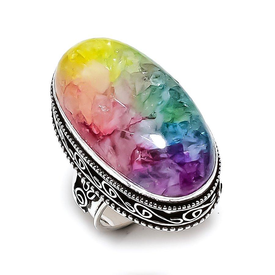 Rainbow Solar Quartz Gemstone Handmade 925 Sterling Silver Ring Size 10 F3n03