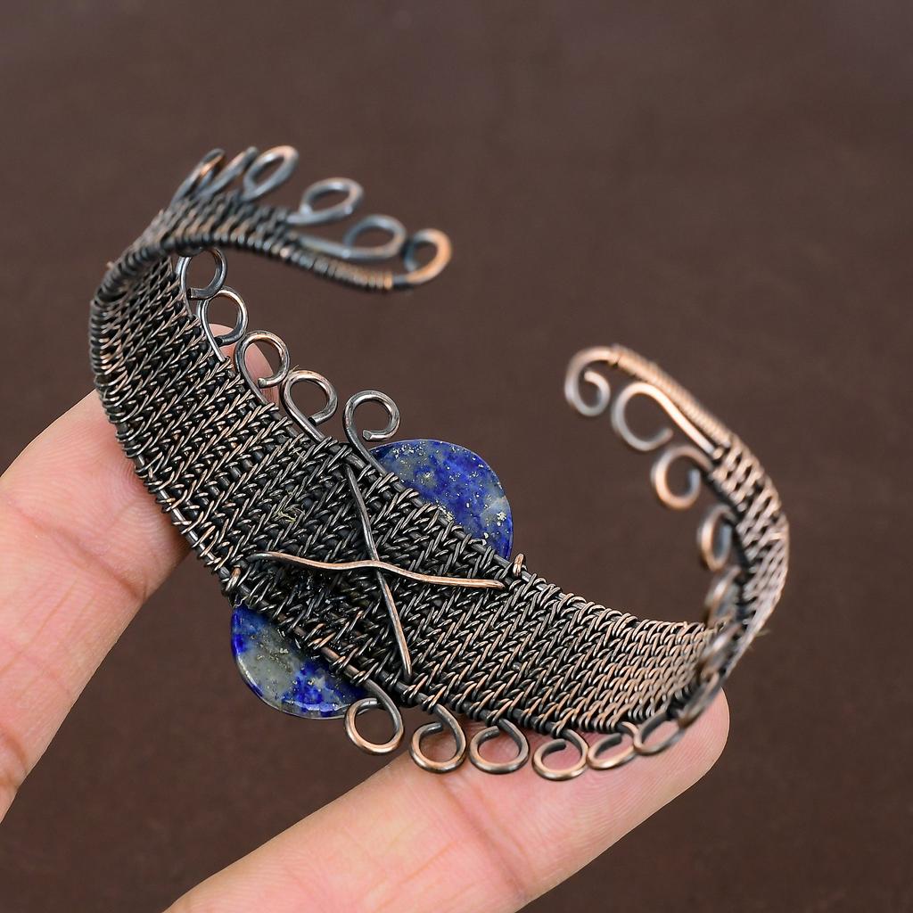 Natural Lapis Lazuli Gemstone Handmade Copper Wire Wrap Bangle Adjustable Y5n72