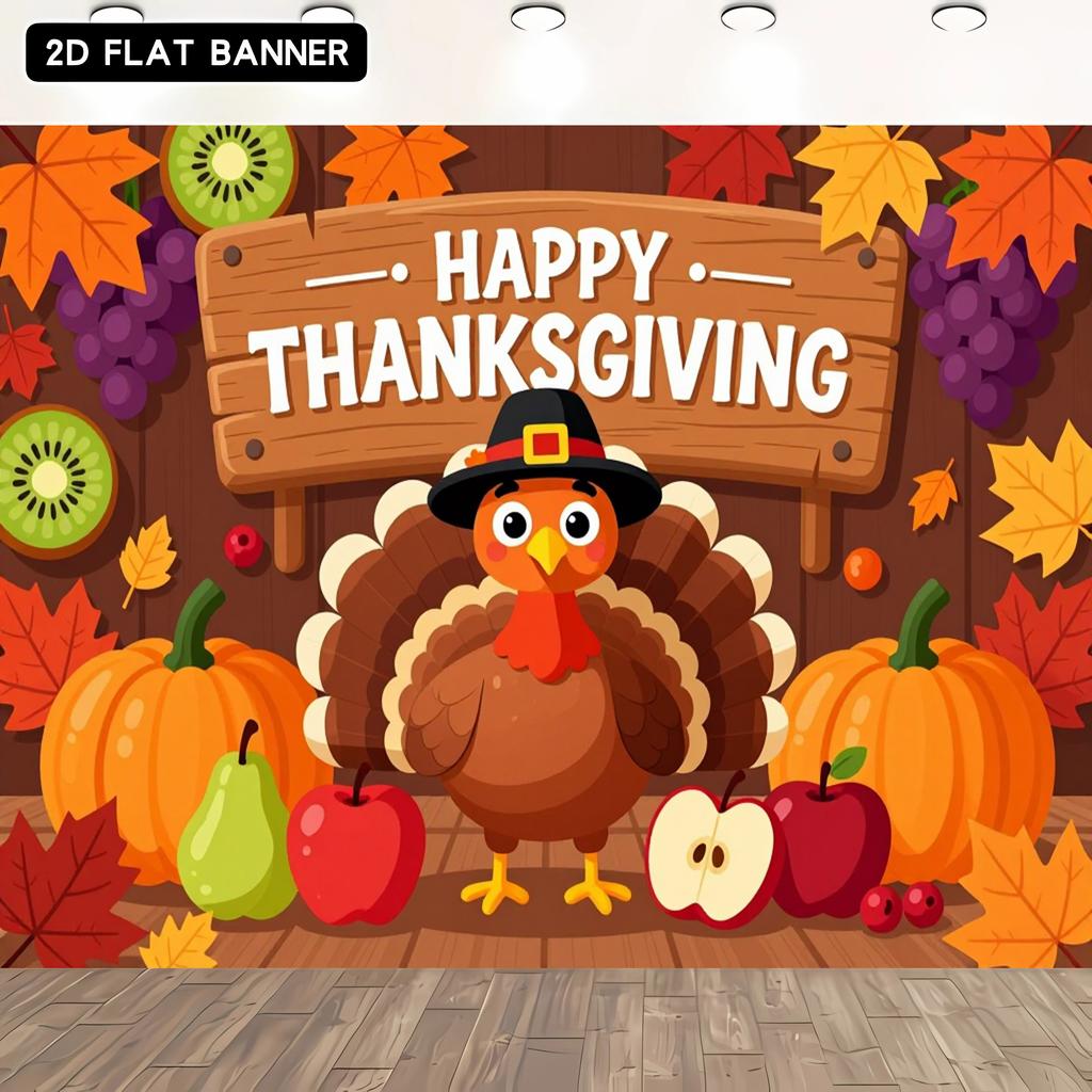 2D flat banner 1 piece - Thanksgiving autumn party background fabric, turkey pumpkin autumn harvest fruitszyc