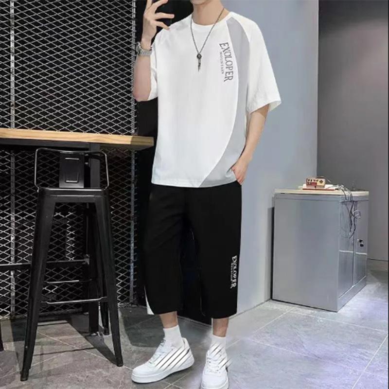 Летний костюм-футболка с короткими рукавами, мужской однотонный трендовый молодежный повседневный спортивный укороченный костюм из двух предметов