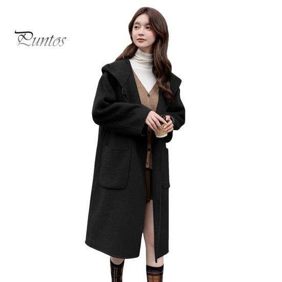 Women Winter Overcoat Hooded Pockets Pure Color Open Stitch Cardigan Mid Length Coat Thermal Long Sleeves Commuting Dating Winter Coat