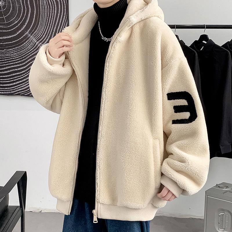 Men's Trendy Hooded Lamb Wool Coat - Thick, Loose, Plush Winter Jacket