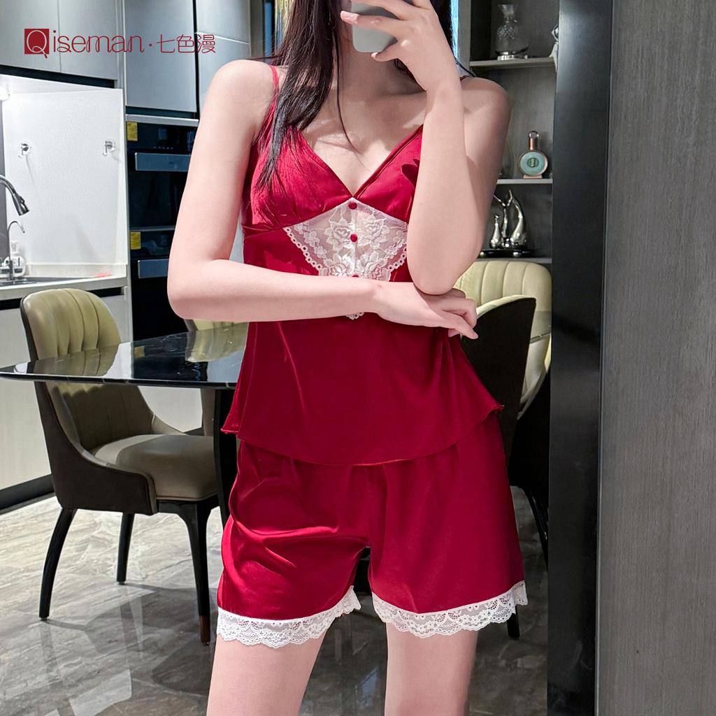 Spring/Summer sexy strap nightdress two-piece set with bra pads, private pure and alluring style women's loungewear ice silk nightwear