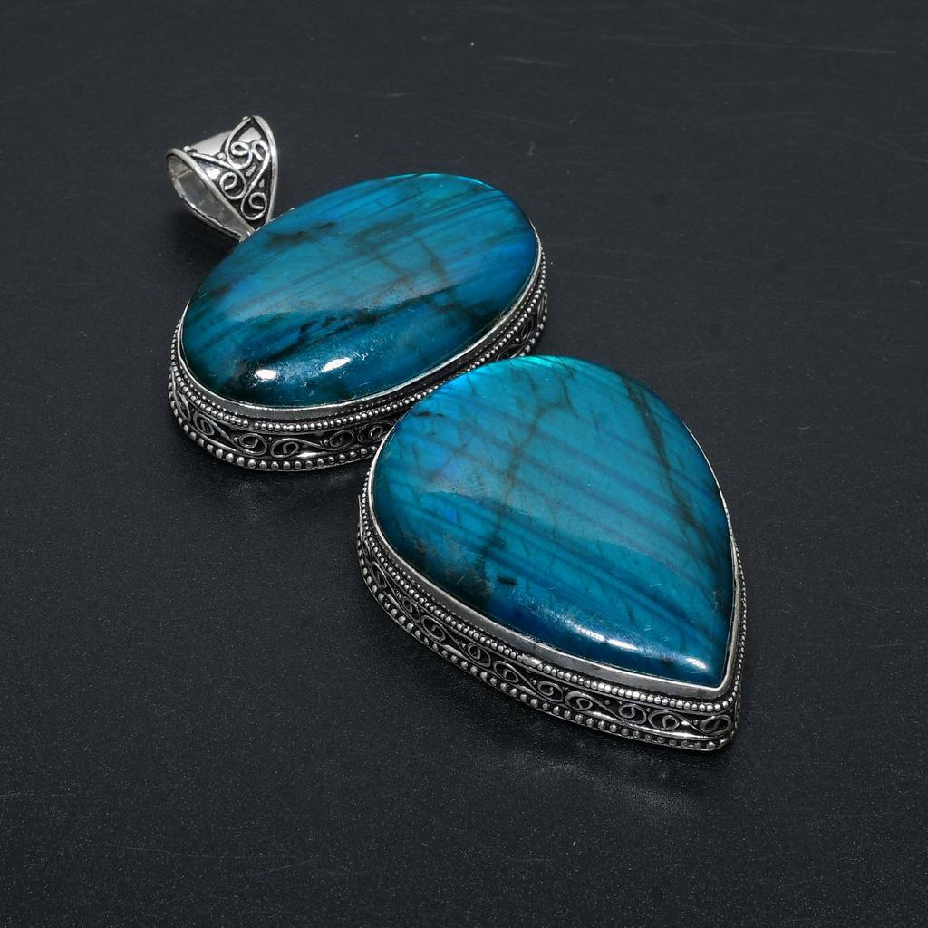 Синий цветной лабрадорит, драгоценный камень, кулон ручной работы из стерлингового серебра 925 пробы, антикварный двойной кулон с драгоценным камнем для подарков