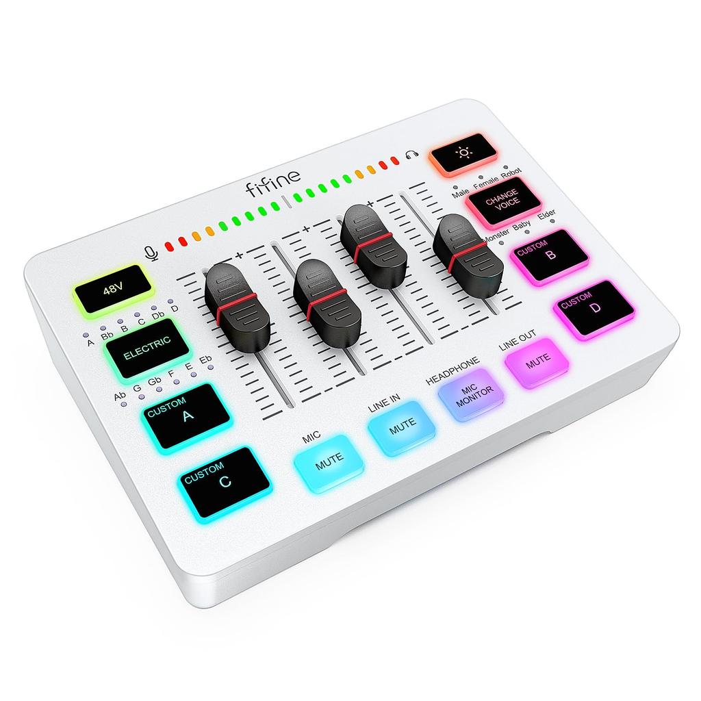 FIFINE Gaming Audio Mixer Audio Interface Compatible with Gaming Audio Mixer Podcast Mixer with RGB Function Voice Changer Button Custom Sound Effect