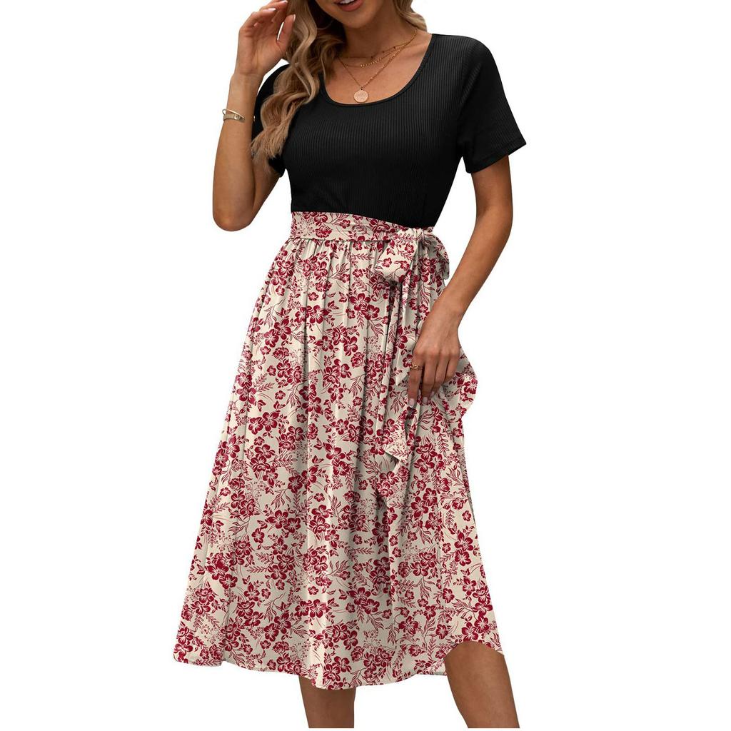 Платья миди, женское лоскутное платье с цветочным принтом, удобное повседневное вечернее платье с коротким рукавом и круглым вырезом