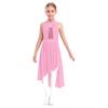 Girls Lyrical Performance Costume Shiny Sequins Sleeveless Asymmetrical Dance Dress with Sheer Mesh Skirt