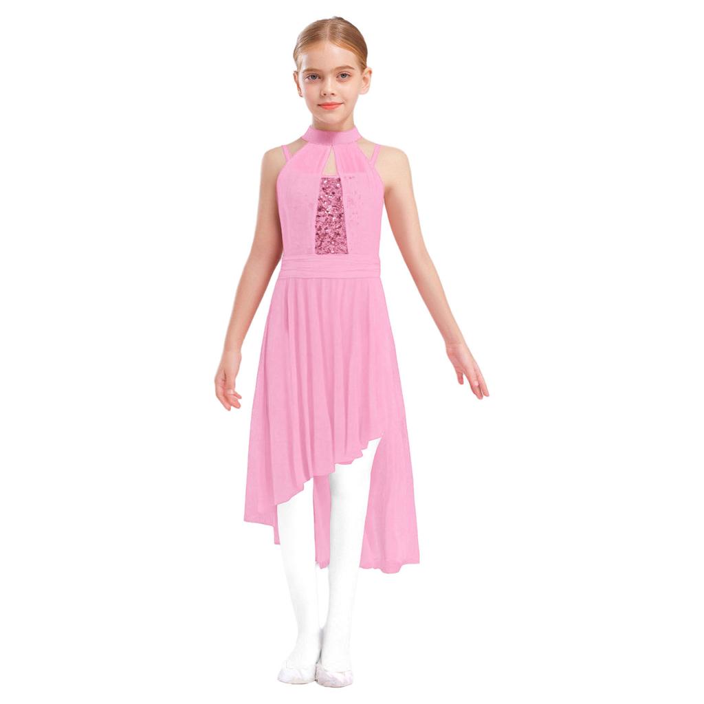 Girls Lyrical Performance Costume Shiny Sequins Sleeveless Asymmetrical Dance Dress with Sheer Mesh Skirt