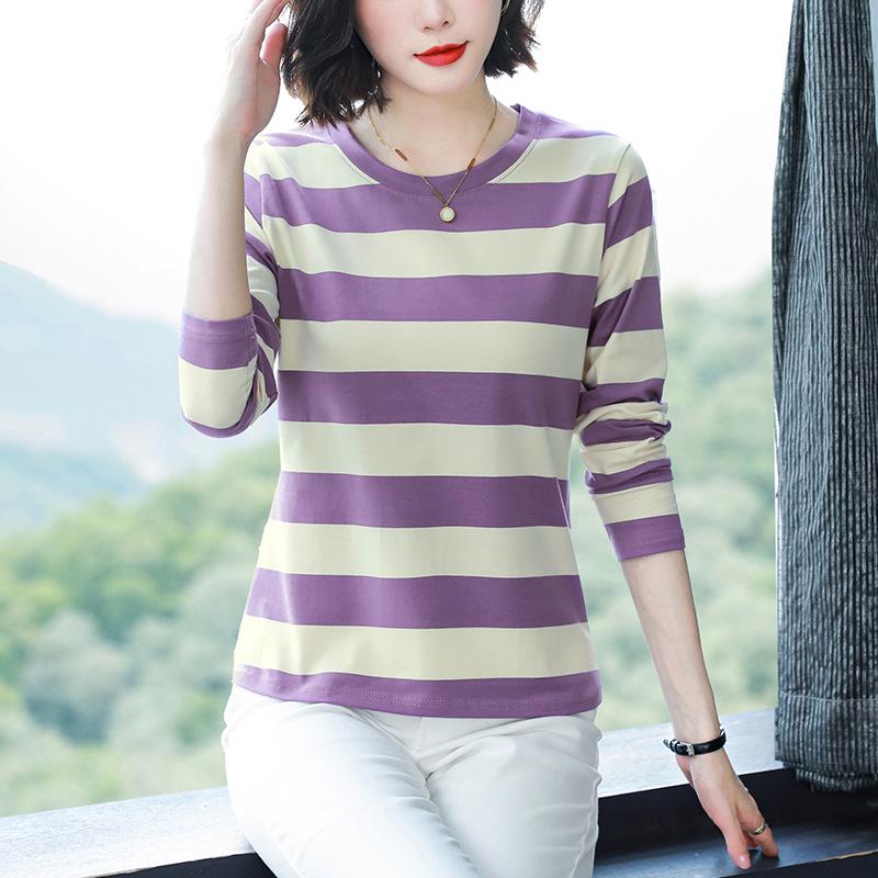 2024 Women's Loose Pure Cotton Long-Sleeve T-Shirt for Spring & Autumn - Fashionable Top for Middle-Aged Moms