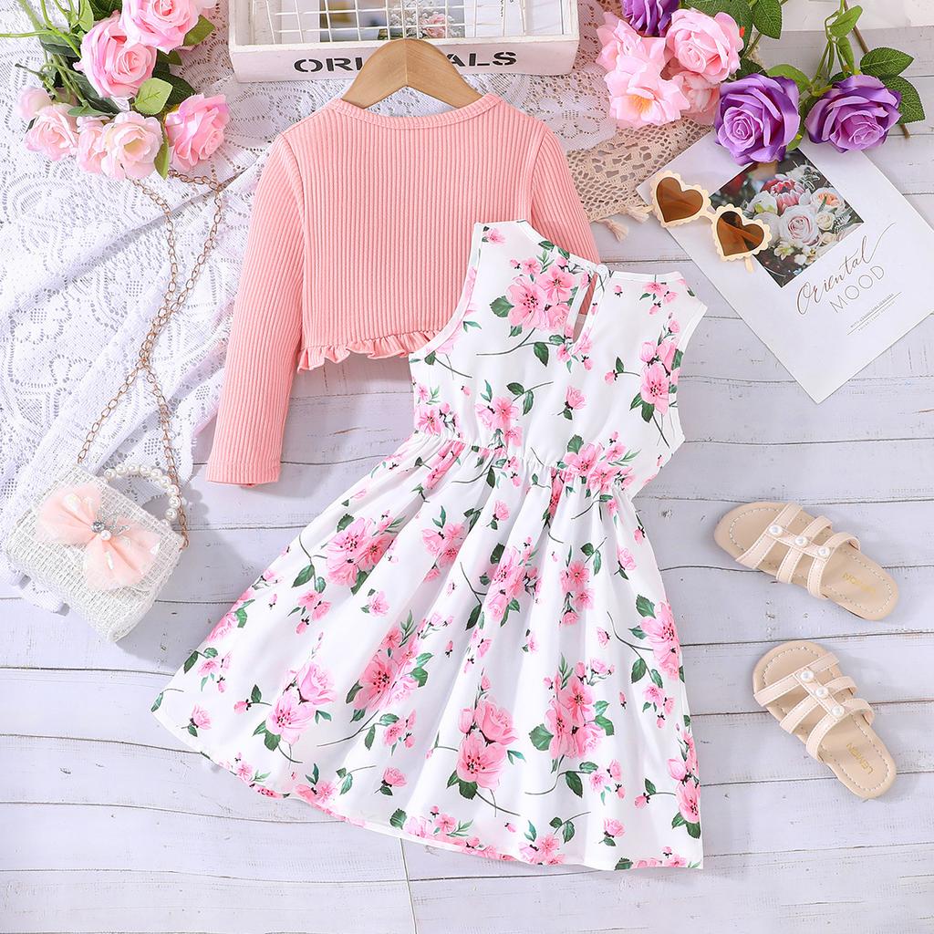 Children's 2-8Y Skirts Spring and Autumn Models Baby Colorful Halter Dress + Solid Color Jacket Fashion Baby Suit