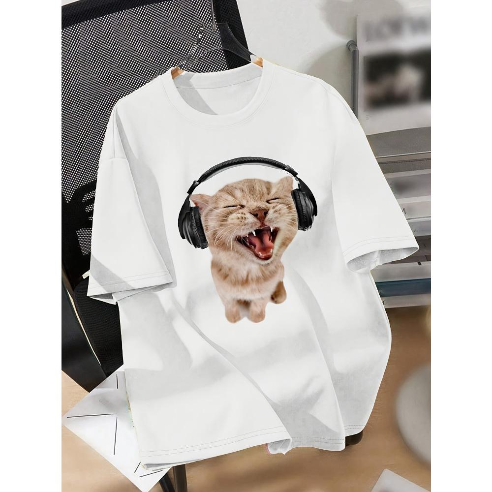 Женские хлопковые футболки с коротким рукавом Наушники Кошка Женская футболка Забавный котенок Графика Повседневный Белый топ
