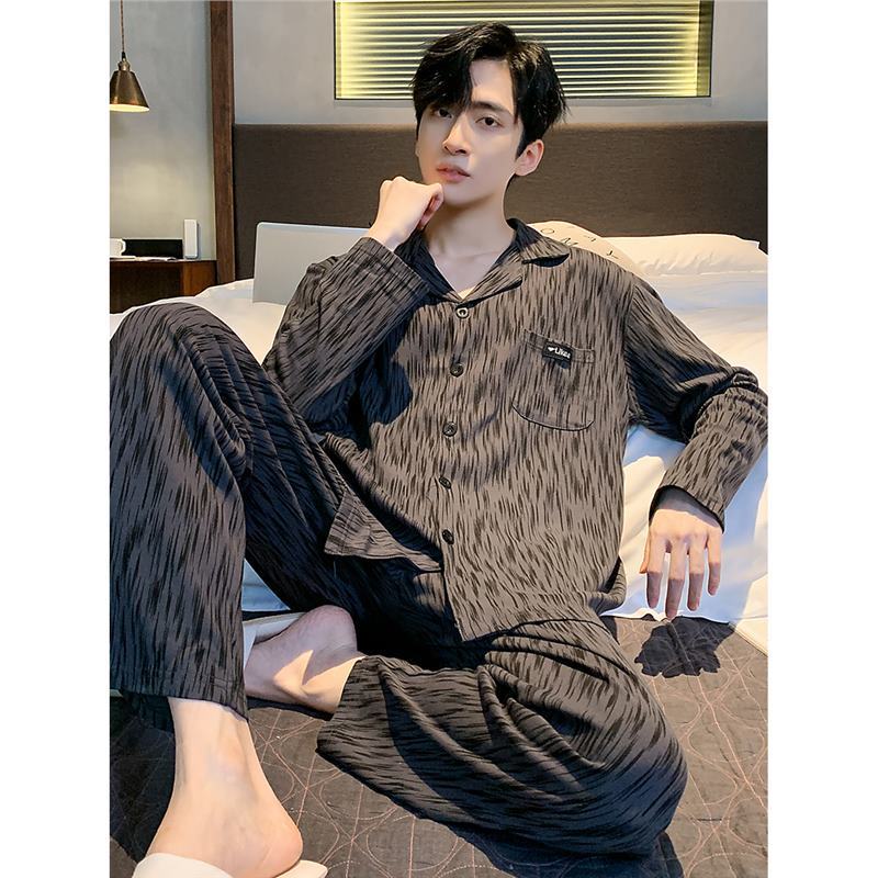 2pcs/Set Long-Sleeved Middle-Aged And Elderly Pajamas Men's Fall And Winter Casual Plus Size Black Men's Pajamas Homewear Breath